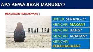 APA KEWAJIBAN MANUSIA?
MENJAWAB PERTANYAAN :
UNTUK SENANG-2?
MENCARI MAKAN?
MENCARI UANG?
MENCARI
KEBAHAGIAAN?
MENCARI JABATAN?
 