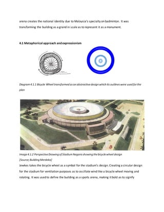 arena creates the national identity due to Malaysia’s specialty on badminton. It was
transforming the building as a grand in scale as to represent it as a monument.
4.1 Metaphorical approach and expressionism
Diagram4.1.1 Bicycle Wheel transformed asan abstractivedesign which its outlineswere used forthe
plan
Image4.1.2 PerspectiveDrawing of StadiumNegara showing thebicyclewheel design
[Source;Building Merdeka]
Jewkes takes the bicycle wheel as a symbol for the stadium’s design. Creating a circular design
for the stadium for ventilation purposes as to oscillate wind like a bicycle wheel moving and
rotating. It was used to define the building as a sports arena, making it bold as to signify
 