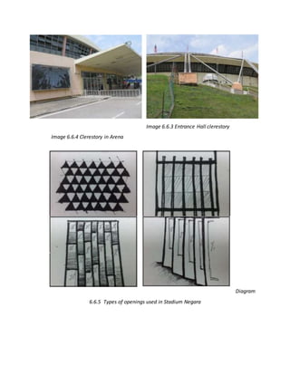 Image 6.6.3 Entrance Hall clerestory
Image 6.6.4 Clerestory in Arena
Diagram
6.6.5 Types of openings used in Stadium Negara
 