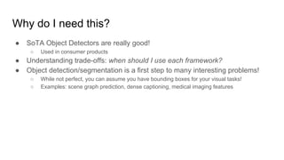 Why do I need this?
● SoTA Object Detectors are really good!
○ Used in consumer products
● Understanding trade-offs: when should I use each framework?
● Object detection/segmentation is a first step to many interesting problems!
○ While not perfect, you can assume you have bounding boxes for your visual tasks!
○ Examples: scene graph prediction, dense captioning, medical imaging features
 
