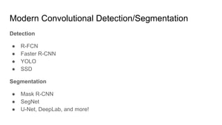 Modern Convolutional Detection/Segmentation
Detection
● R-FCN
● Faster R-CNN
● YOLO
● SSD
Segmentation
● Mask R-CNN
● SegNet
● U-Net, DeepLab, and more!
 