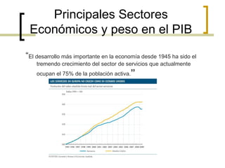 Principales Sectores
Económicos y peso en el PIB
“El desarrollo más importante en la economía desde 1945 ha sido el
tremendo crecimiento del sector de servicios que actualmente
ocupan el 75% de la población activa.”

 