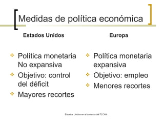 Medidas de política económica
Estados Unidos







Europa

Política monetaria
No expansiva
Objetivo: control
del déficit
Mayores recortes






Política monetaria
expansiva
Objetivo: empleo
Menores recortes

Estados Unidos en el contexto del TLCAN

 