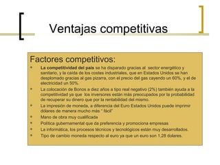 Ventajas competitivas
Factores competitivos:











La competitividad del país se ha disparado gracias al sector energético y
sanitario, y la caída de los costes industriales, que en Estados Unidos se han
desplomado gracias al gas pizarra, con el precio del gas cayendo un 60%, y el de
electricidad un 50%.
La colocación de Bonos a diez años a tipo real negativo (2%) también ayuda a la
competitividad ya que los inversores están más preocupados por la probabilidad
de recuperar su dinero que por la rentabilidad del mismo.
La impresión de moneda, a diferencia del Euro Estados Unidos puede imprimir
dólares de manera mucho más “ fácil”
Mano de obra muy cualificada
Política gubernamental que da preferencia y promociona empresas
La informática, los procesos técnicos y tecnológicos están muy desarrollados.
Tipo de cambio moneda respecto al euro ya que un euro son 1,28 dolares.

 