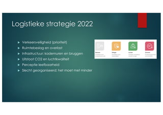 Logistieke strategie 2022
u Verkeersveiligheid (prioriteit)
u Ruimtebeslag en overlast
u Infrastructuur: kademuren en bruggen
u Uitstoot CO2 en luchtkwaliteit
u Perceptie leefbaarheid
u Slecht georganiseerd: het moet met minder
 