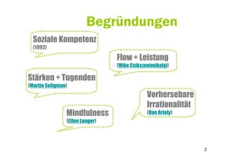 Begründungen
  Soziale Kompetenz
  (1992)

                                 Flow + Leistung
                                 (Mike Csikszentmihalyi)

Stärken + Tugenden
(Martin Seligman)
                                              Vorhersebare
                                              Irrationalität
                Mindfulness                   (Dan Ariely)
                (Ellen Langer)




                                                               2
 