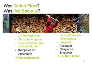 Was fördert Flow?
Was löst Sog aus?




     -   z.B. flowförderlich   -   z.B.sogförderlich
     - Sinnvolle Aufgabe       -   Optimusmus
     - Herausfordern, aber     -   Integrität
       nicht überfordern       -   Ausdauer
     - Kompetenzen             -   Neugierde
     - Akzeptanz               -   Empathie
                                   Ein Herz haben
       Wertschätzung
                                                       7
 