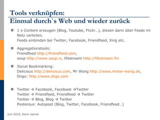 Tools verknüpfen: Einmal durch`s Web und wieder zurück 1 x Content erzeugen (Blog, Youtube, Flickr…), diesen dann über Feeds im Netz verteilen.  Feeds einbinden bei Twitter, Facebook, Friendfeed, Xing etc. Aggregationstools:  Friendfeed  http://friendfeed.com ,  soup  http://www.soup.io , lifestream  http://lifestream.fm Social Bookmarking: Delicious  http://delicious.com , Mr Wong  http://www.mister-wong.de , Diigo:  http://www.diigo.com   Twitter    Facebook, Facebook   Twitter  Twitter    Friendfeed, Friendfeed    Twitter Twitter    Blog, Blog    Twitter Posterous: Autopost (Blog, Twitter, Facebook, Friendfeed…) 
