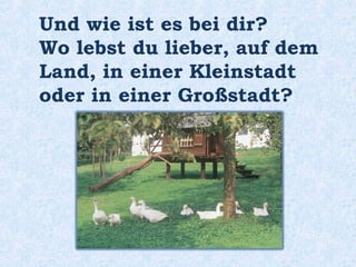 Und wie ist es bei dir?
Wo lebst du lieber, auf dem
Land, in einer Kleinstadt
oder in einer Großstadt?
 