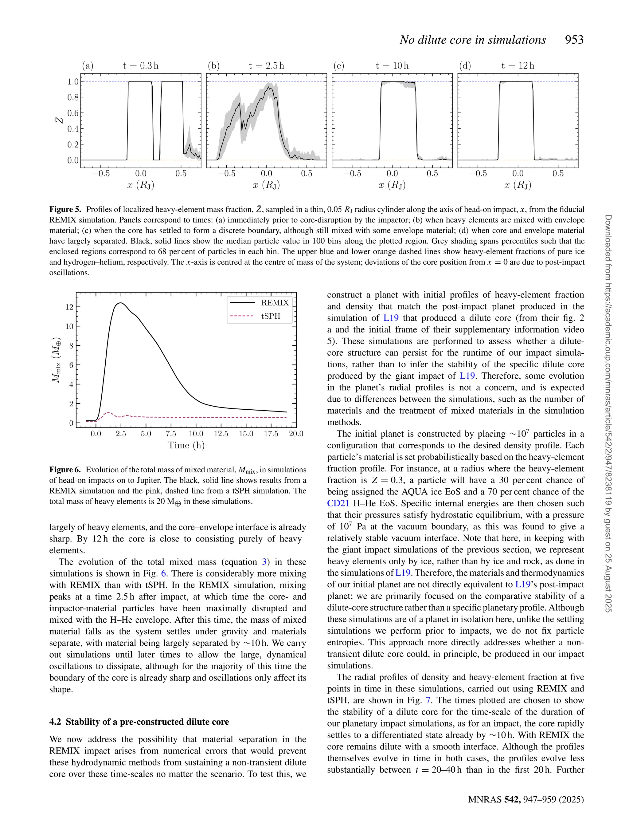 No dilute core in simulations 953
MNRAS 542, 947–959 (2025)
Figure 5. Profiles of localized heavy-element mass fraction, Z̄, sampled in a thin, 0.05 RJ radius cylinder along the axis of head-on impact, x, from the fiducial
REMIX simulation. Panels correspond to times: (a) immediately prior to core-disruption by the impactor; (b) when heavy elements are mixed with envelope
material; (c) when the core has settled to form a discrete boundary, although still mixed with some envelope material; (d) when core and envelope material
have largely separated. Black, solid lines show the median particle value in 100 bins along the plotted region. Grey shading spans percentiles such that the
enclosed regions correspond to 68 per cent of particles in each bin. The upper blue and lower orange dashed lines show heavy-element fractions of pure ice
and hydrogen–helium, respectively. The x-axis is centred at the centre of mass of the system; deviations of the core position from x = 0 are due to post-impact
oscillations.
Figure 6. Evolution of the total mass of mixed material, Mmix, in simulations
of head-on impacts on to Jupiter. The black, solid line shows results from a
REMIX simulation and the pink, dashed line from a tSPH simulation. The
total mass of heavy elements is 20 M⊕ in these simulations.
largely of heavy elements, and the core–envelope interface is already
sharp. By 12 h the core is close to consisting purely of heavy
elements.
The evolution of the total mixed mass (equation 3) in these
simulations is shown in Fig. 6. There is considerably more mixing
with REMIX than with tSPH. In the REMIX simulation, mixing
peaks at a time 2.5 h after impact, at which time the core- and
impactor-material particles have been maximally disrupted and
mixed with the H–He envelope. After this time, the mass of mixed
material falls as the system settles under gravity and materials
separate, with material being largely separated by ∼10 h. We carry
out simulations until later times to allow the large, dynamical
oscillations to dissipate, although for the majority of this time the
boundary of the core is already sharp and oscillations only affect its
shape.
4.2 Stability of a pre-constructed dilute core
We now address the possibility that material separation in the
REMIX impact arises from numerical errors that would prevent
these hydrodynamic methods from sustaining a non-transient dilute
core over these time-scales no matter the scenario. To test this, we
construct a planet with initial profiles of heavy-element fraction
and density that match the post-impact planet produced in the
simulation of L19 that produced a dilute core (from their fig. 2
a and the initial frame of their supplementary information video
5). These simulations are performed to assess whether a dilute-
core structure can persist for the runtime of our impact simula-
tions, rather than to infer the stability of the specific dilute core
produced by the giant impact of L19. Therefore, some evolution
in the planet’s radial profiles is not a concern, and is expected
due to differences between the simulations, such as the number of
materials and the treatment of mixed materials in the simulation
methods.
The initial planet is constructed by placing ∼107
particles in a
configuration that corresponds to the desired density profile. Each
particle’s material is set probabilistically based on the heavy-element
fraction profile. For instance, at a radius where the heavy-element
fraction is Z = 0.3, a particle will have a 30 per cent chance of
being assigned the AQUA ice EoS and a 70 per cent chance of the
CD21 H–He EoS. Specific internal energies are then chosen such
that their pressures satisfy hydrostatic equilibrium, with a pressure
of 107
Pa at the vacuum boundary, as this was found to give a
relatively stable vacuum interface. Note that here, in keeping with
the giant impact simulations of the previous section, we represent
heavy elements only by ice, rather than by ice and rock, as done in
the simulations of L19. Therefore, the materials and thermodynamics
of our initial planet are not directly equivalent to L19’s post-impact
planet; we are primarily focused on the comparative stability of a
dilute-core structure rather than a specific planetary profile. Although
these simulations are of a planet in isolation here, unlike the settling
simulations we perform prior to impacts, we do not fix particle
entropies. This approach more directly addresses whether a non-
transient dilute core could, in principle, be produced in our impact
simulations.
The radial profiles of density and heavy-element fraction at five
points in time in these simulations, carried out using REMIX and
tSPH, are shown in Fig. 7. The times plotted are chosen to show
the stability of a dilute core for the time-scale of the duration of
our planetary impact simulations, as for an impact, the core rapidly
settles to a differentiated state already by ∼10 h. With REMIX the
core remains dilute with a smooth interface. Although the profiles
themselves evolve in time in both cases, the profiles evolve less
substantially between t = 20–40 h than in the first 20 h. Further
Downloaded
from
https://academic.oup.com/mnras/article/542/2/947/8238119
by
guest
on
25
August
2025
 