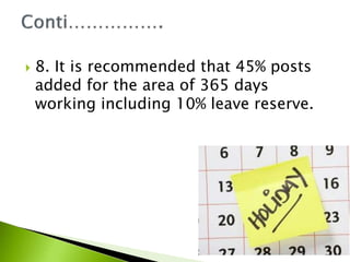  8. It is recommended that 45% posts
added for the area of 365 days
working including 10% leave reserve.
 