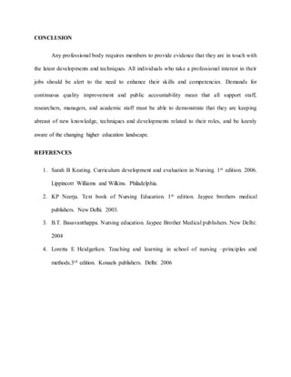 CONCLUSION
Any professional body requires members to provide evidence that they are in touch with
the latest developments and techniques. All individuals who take a professional interest in their
jobs should be alert to the need to enhance their skills and competencies. Demands for
continuous quality improvement and public accountability mean that all support staff,
researchers, managers, and academic staff must be able to demonstrate that they are keeping
abreast of new knowledge, techniques and developments related to their roles, and be keenly
aware of the changing higher education landscape.
REFERENCES
1. Sarah B Keating. Curriculum development and evaluation in Nursing. 1st edition. 2006.
Lippincott Williams and Wilkins. Philadelphia.
2. KP Neerja. Text book of Nursing Education. 1st edition. Jaypee brothers medical
publishers. New Delhi. 2003.
3. B.T. Basavanthappa. Nursing education. Jaypee Brother Medical publishers. New Delhi:
2004
4. Loretta E Heidgerken. Teaching and learning in school of nursing –principles and
methods.3rd edition. Konaels publishers. Delhi: 2006
 