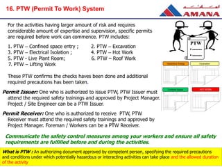 For the activities having larger amount of risk and requires
considerable amount of expertise and supervision, specific permits
are required before work can commence. PTW includes:
1. PTW – Confined space entry ; 2. PTW – Excavation
3. PTW – Electrical Isolation ; 4. PTW – Hot Work
5. PTW - Live Plant Room; 6. PTW – Roof Work
7. PTW – Lifting Work
These PTW confirms the checks haves been done and additional
required precautions has been taken.
Permit Issuer: One who is authorized to issue PTW, PTW Issuer must
attend the required safety trainings and approved by Project Manager.
Project / Site Engineer can be a PTW Issuer.
Permit Receiver: One who is authorized to receive PTW, PTW
Receiver must attend the required safety trainings and approved by
Project Manager. Foreman / Workers can be a PTW Receiver.
Communicate the safety control measures among your workers and ensure all safety
requirements are fulfilled before and during the activities.
PTW
•------
•------
What is PTW : An authorizing document approved by competent person, specifying the required precautions
and conditions under which potentially hazardous or interacting activities can take place and the allowed duration
of the activity
HOT WORKConfined Space
ExcavationHazardous Energy
16. PTW (Permit To Work) System
 