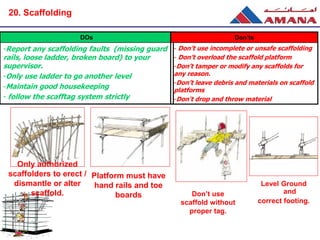 DOs
-Report any scaffolding faults (missing guard
rails, loose ladder, broken board) to your
supervisor.
-Only use ladder to go another level
-Maintain good housekeeping
- follow the scafftag system strictly
Don’ts
- Don’t use incomplete or unsafe scaffolding
- Don’t overload the scaffold platform
-Don’t tamper or modify any scaffolds for
any reason.
-Don’t leave debris and materials on scaffold
platforms
-Don't drop and throw material
Level Ground
and
correct footing.
Don’t use
scaffold without
proper tag.
Platform must have
hand rails and toe
boards
Only authorized
scaffolders to erect /
dismantle or alter
scaffold.
20. Scaffolding
 