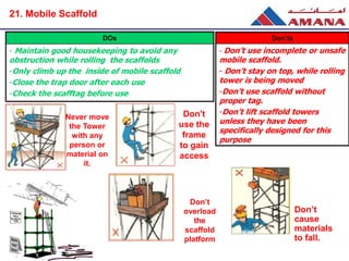 DOs
- Maintain good housekeeping to avoid any
obstruction while rolling the scaffolds
-Only climb up the inside of mobile scaffold
-Close the trap door after each use
-Check the scafftag before use
Don’ts
- Don’t use incomplete or unsafe
mobile scaffold.
- Don’t stay on top, while rolling
tower is being moved
-Don’t use scaffold without
proper tag.
-Don’t lift scaffold towers
unless they have been
specifically designed for this
purpose
Don’t
cause
materials
to fall.
Don't
use the
frame
to gain
access
Don’t
overload
the
scaffold
platform
Never move
the Tower
with any
person or
material on
it.
21. Mobile Scaffold
 