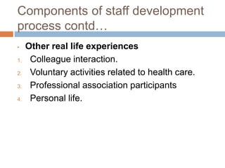 Components of staff development
process contd…
• Other real life experiences
1. Colleague interaction.
2. Voluntary activities related to health care.
3. Professional association participants
4. Personal life.
 
