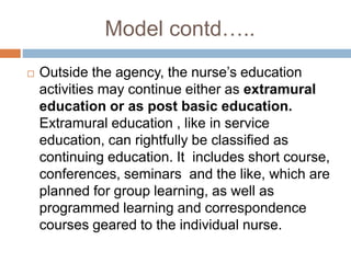 Model contd…..
 Outside the agency, the nurse’s education
activities may continue either as extramural
education or as post basic education.
Extramural education , like in service
education, can rightfully be classified as
continuing education. It includes short course,
conferences, seminars and the like, which are
planned for group learning, as well as
programmed learning and correspondence
courses geared to the individual nurse.
 