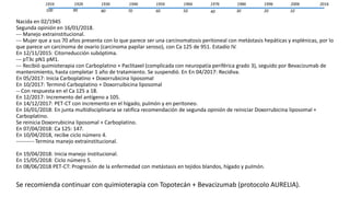 1916 2006
1020
19961986
3040
19761966
5060
19561946
7080
19361926
90100
2016
Nacida en 02/1945
Segunda opinión en 16/01/2018.
--- Manejo extrainstitucional.
--- Mujer que a sus 70 años presenta con lo que parece ser una carcinomatosis peritoneal con metástasis hepáticas y esplénicas, por lo
que parece un carcinoma de ovario (carcinoma papilar seroso), con Ca 125 de 951. Estadío IV.
En 12/11/2015: Citorreducción subóptima.
--- pT3c pN1 pM1.
--- Recibió quimioterapia con Carboplatino + Paclitaxel (complicada con neuropatía periférica grado 3), seguido por Bevacizumab de
mantenimiento, hasta completar 1 año de tratamiento. Se suspendió. En En 04/2017: Recidiva.
En 05/2017: Inicia Carboplatino + Doxorrubicina liposomal
En 10/2017: Terminó Carboplatino + Doxorruibicina liposomal
-- Con respuesta en el Ca 125 a 18.
En 12/2017: Incremento del antígeno a 105.
En 14/12/2017: PET-CT con incremento en el hígado, pulmón y en peritoneo.
En 16/01/2018: En junta multidisciplinaria se ratifica recomendación de segunda opinión de reiniciar Doxorrubicina liposomal +
Carboplatino.
Se reinicia Doxorrubicina liposomal + Carboplatino.
En 07/04/2018: Ca 125: 147.
En 10/04/2018, recibe ciclo número 4.
---------- Termina manejo extrainstitucional.
En 19/04/2018: Inicia manejo institucional.
En 15/05/2018: Ciclo número 5.
En 08/06/2018 PET-CT: Progresión de la enfermedad con metástasis en tejidos blandos, hígado y pulmón.
Se recomienda continuar con quimioterapia con Topotecán + Bevacizumab (protocolo AURELIA).
 