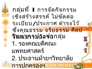 กลุ่มที่ 1 การจัดกิจกรรม 
เชิงสร้างสรรค์ ไม่ขัดต่อ 
ระเบียบ/ประกาศ ดำารงไว้ 
ซึ่งคุณธรรม จริยธรรม ศิลป 
ววิทัฒยนาธกรรมปอรีสะาจนำากลุ่ม 
1. รองคณบดีคณะ 
แพทยศาสตร์ 
2. ประธานฝ่ายฯวิทยาลัย 
การปกครองฯ 
3. รองคณบดีคณะ 
 