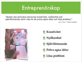 Entreprenörskap
Kreativitet!
Nyﬁkenhet!
Självförtroende!
Pröva egna idéer!
Lösa problem
”Skolan ska stimulera elevernas kreativitet, nyfikenhet och
självförtroende samt vilja till att pröva egna idéer och lösa problem.”
Lgr 11 kap. 1: Skolans uppdrag
 