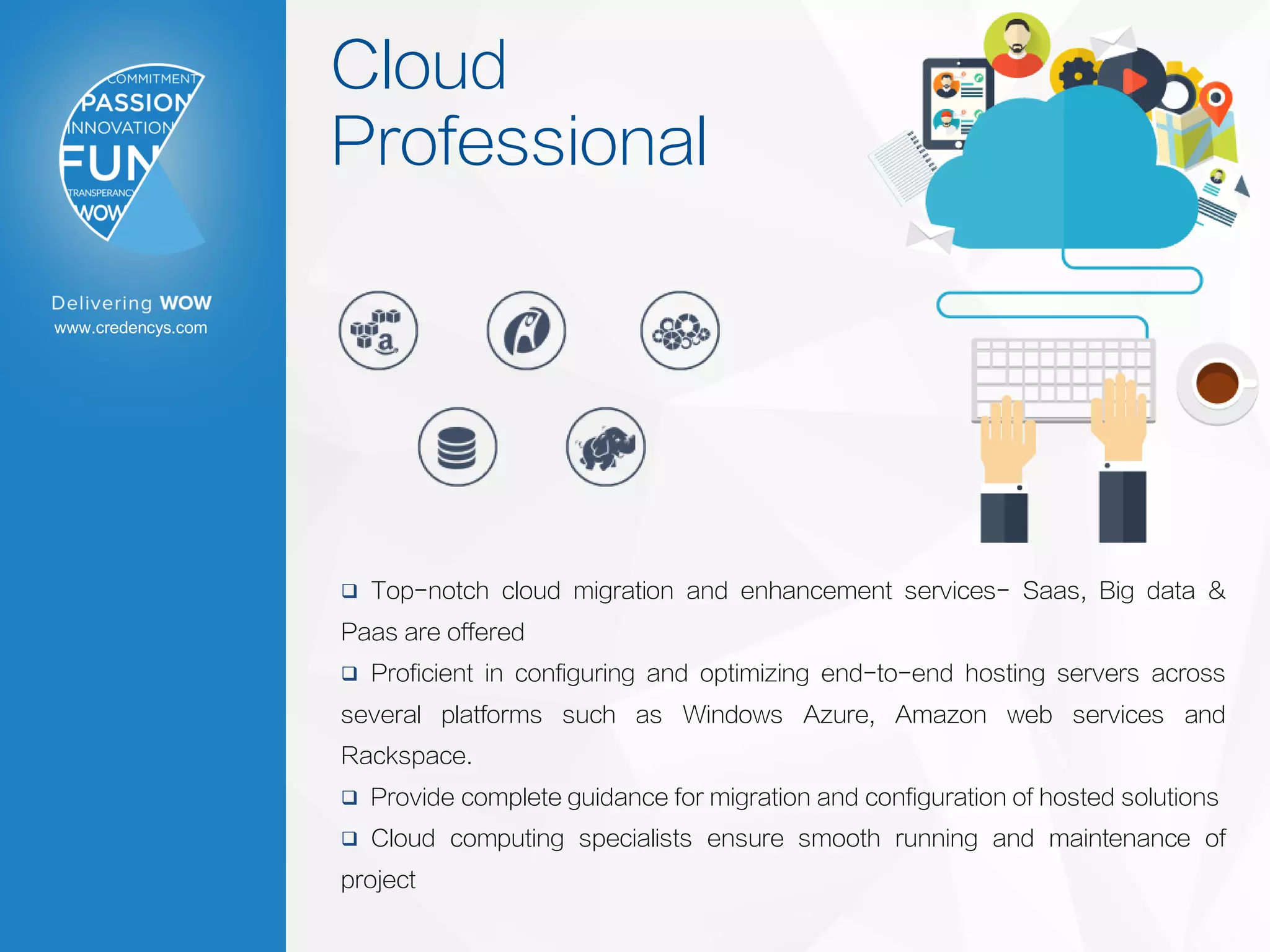 www.credencys.com
Cloud
Professional
 Top-notch cloud migration and enhancement services- Saas, Big data &
Paas are offered
 Proficient in configuring and optimizing end-to-end hosting servers across
several platforms such as Windows Azure, Amazon web services and
Rackspace.
 Provide complete guidance for migration and configuration of hosted solutions
 Cloud computing specialists ensure smooth running and maintenance of
project
 