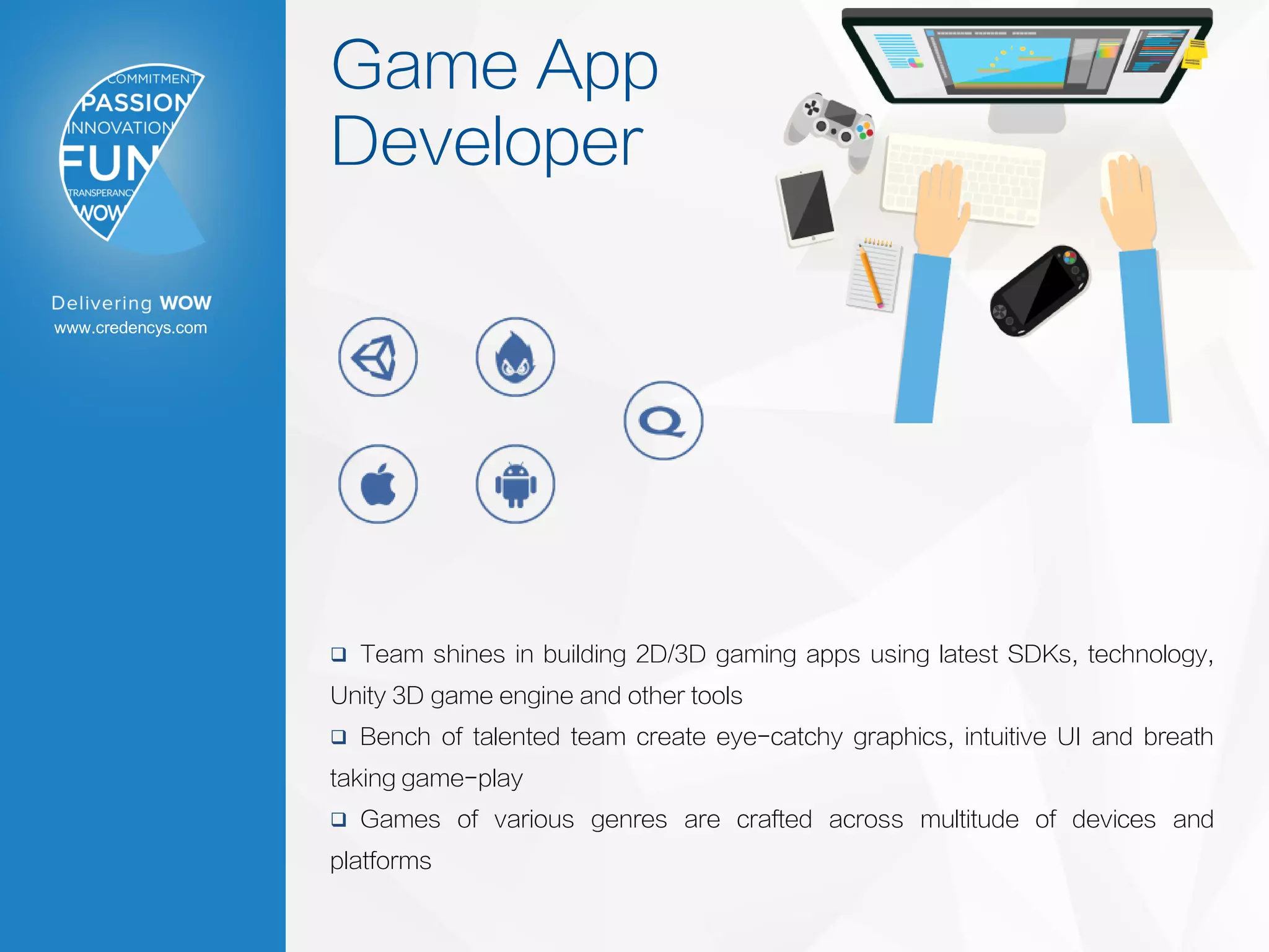 www.credencys.com
Game App
Developer
 Team shines in building 2D/3D gaming apps using latest SDKs, technology,
Unity 3D game engine and other tools
 Bench of talented team create eye-catchy graphics, intuitive UI and breath
taking game-play
 Games of various genres are crafted across multitude of devices and
platforms
 