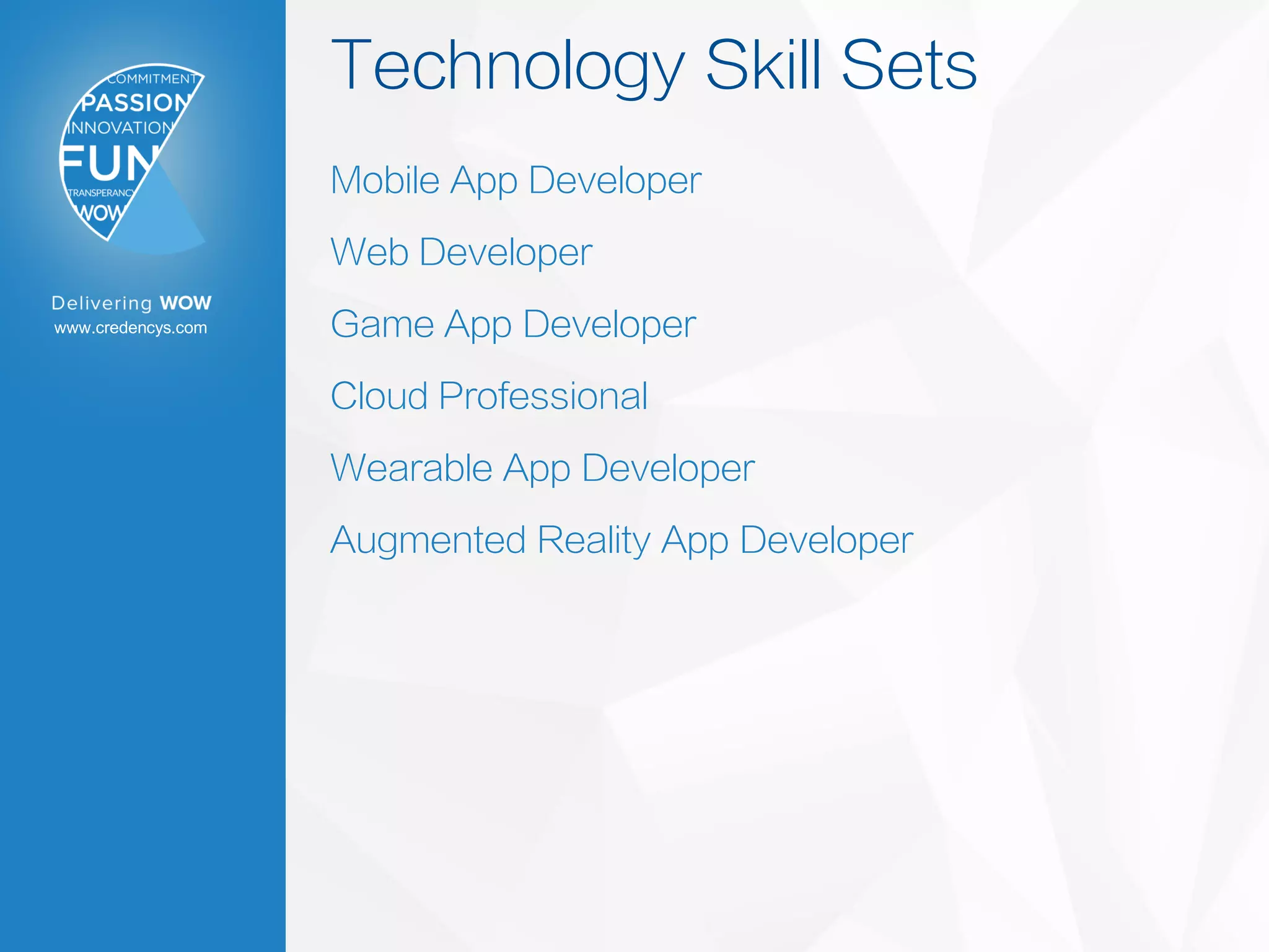 www.credencys.com
Technology Skill Sets
Mobile App Developer
Web Developer
Game App Developer
Cloud Professional
Wearable App Developer
Augmented Reality App Developer
 