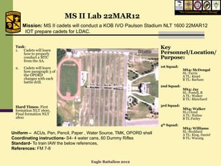 “We Commission, Army Strong”
                           MS II Lab 22MAR12
      Mission: MS II cadets will conduct a KOB IVO Paulson Stadium NLT 1600 22MAR12
       IOT prepare cadets for LDAC.


 Task-
 1.  Cadets will learn
                                                                      Key
     how to properly                                                  Personnel/Location/
     conduct a MTC                                                    Purpose:
     from the AA.
 2.   Cadets will learn                                               1st Squad:
      how paragraph 3 of                                                             MS4: McDougal
                                                                                     SL: Farris
      the OPORD                                                                      A TL: Kisiel
      changes with each                                                              B TL: Barham
      battle drill.
                                                                      2nd Squad:
                                                                                     MS4: Jay
                                                                                     SL: Postell, R
                                                                                     A TL: Walker
                                                                                     B TL: Blanchard

 Hard Times- First                                                    3rd Squad:
 formation NLT 1600,                                                                 MS4: Walker
                                                                                     SL: Cloud
 Final formation NLT                                                                 A TL: Hulme
 1800                                                                                B TL:Farley
                                                                      4th Squad:
                                                                                     MS4: WIlliams
Uniform – ACUs, Pen, Pencil, Paper , Water Source, TMK, OPORD shell                  SL: Stoddard
                                                                                     A TL: King, Daniel
Coordinating instructions- S4- 4 water cans, 60 Dummy Rifles                         B TL: Warang
Standard- To train IAW the below references,
References: FM 7-8


                                     Eagle Battalion 2012
 