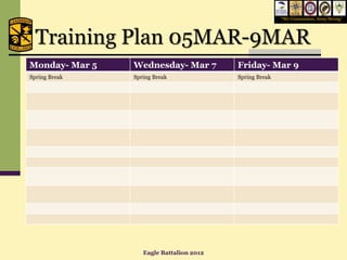 “We Commission, Army Strong”




  Training Plan 05MAR-9MAR
Monday- Mar 5   Wednesday- Mar 7          Friday- Mar 9
Spring Break    Spring Break              Spring Break




                   Eagle Battalion 2012
 