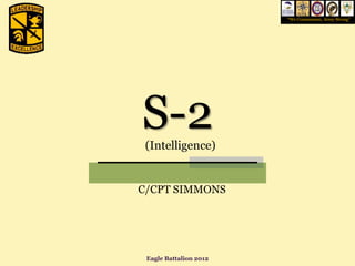 “We Commission, Army Strong”




S-2
 (Intelligence)


C/CPT SIMMONS




 Eagle Battalion 2012
 