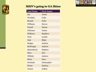 “We Commission, Army Strong”
MSIV’s going to GA Shine
 Last Name     First Name
 Jay           Justin
 Westlake      Colin
 Brandt        Colin
 Williams      Steven
 Postell       Darius
 Feliciano     Carlos
 Williams      Matthew
 Ford          Landis
 Gale          Blake
 Badger        Andrew
 McDougal      Andrew
 Quisenberry   Stephen
 Hare          Eric
 Willette      Andrew
 Slone         Sean
 Pawloski      Christopher
 Porter        Zachary
 Turner        Jeffrey
 