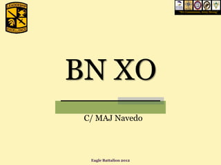 “We Commission, Army Strong”




BN XO
 C/ MAJ Navedo



  Eagle Battalion 2012
 
