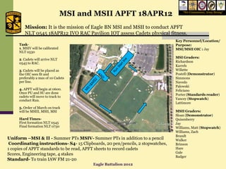 MSI and MSII APFT 18APR12                         “We Commission, Army Strong”




        Mission: It is the mission of Eagle BN MSI and MSII to conduct APFT
        NLT 0545 18APR12 IVO RAC Pavilion IOT assess Cadets physical fitness.
                                                                                Key Personnel/Location/
     Task-                                                                      Purpose:
     1. MSIV will be calibrated                                                 MSI/MSII OIC : Jay
     NLT 0530
                                                                                MSI Graders:
     2. Cadets will arrive NLT
     0545 to RAC.                                                               Richardson
                                                                                Karrels
     3. Cadets will be placed as                                                Willette
     the OIC sees fit and                                                       Postell (Demonstrator)
     preferably a max of 10 Cadets                                              Simmons
     per line.                                                                  Navedo
                                                                                Palowski
     4. APFT will begin at 0600.                                                Feliciano
     Once PU and SU are done
                                                                                Porter (Standards reader)
     cadets will move to track to
     conduct Run.                                                               Yancey (Stopwatch)
                                                                                Lattimore
     5. Order of March on track
     will be MSIII, MSII, MSI                                                   MSII Graders:
                                                                                Sloan (Demonstrator)
     Hard Times-                                                                Quisenberry
     First formation NLT 0545                                                   Jay
     Final formation NLT 0730                                                   Williams, Matt (Stopwatch)
                                                                                Williams, Zach
                                                                                Brandt
Uniform –MSI & II - Summer PTs MSIV- Summer PTs in addition to a pencil         Walker
 Coordinating instructions- S4- 15 Clipboards, 20 pen/pencils, 2 stopwatches,   Brinson
1 copies of APFT standards to be read, APFT sheets to record cadets             Hare
                                                                                Gale
Scores, Engineering tape, 4 stakes
                                                                                Badger
Standard- To train IAW FM 21-20
                                         Eagle Battalion 2012
 