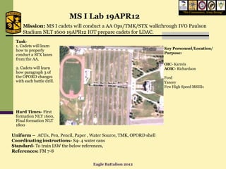 “We Commission, Army Strong”
                           MS I Lab 19APR12
     Mission: MS I cadets will conduct a AA Ops/TMK/STX walkthrough IVO Paulson
     Stadium NLT 1600 19APR12 IOT prepare cadets for LDAC.
 Task-
 1. Cadets will learn
                                                                      Key Personnel/Location/
 how to properly
 conduct a STX lanes                                                  Purpose:
 from the AA.
                                                                      OIC- Karrels
 2. Cadets will learn                                                 AOIC- Richardson
 how paragraph 3 of
 the OPORD changes                                                    Ford
 with each battle drill.                                              Yancey
                                                                      Few High Speed MSIIIs




 Hard Times- First
 formation NLT 1600,
 Final formation NLT
 1800

Uniform – ACUs, Pen, Pencil, Paper , Water Source, TMK, OPORD shell
Coordinating instructions- S4- 4 water cans
Standard- To train IAW the below references,
References: FM 7-8

                                      Eagle Battalion 2012
 