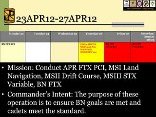 “We Commission, Army Strong”




             23APR12-27APR12
     Monday 23        Tuesday 24       Wednesday 25        Thursday 26              Friday 27              Saturday/
                                                                                                             Sunday
                                                                                                               28/29
BN FTX PCI                                             FGGA ADVON           BN FTX                BN FTX
                                                       MSI Land Nav         Ft Gordon             Ft Gordon
                                                       MSII Drift
                                                       MSIII STX Var




• Mission: Conduct APR FTX PCI, MSI Land
  Navigation, MSII Drift Course, MSIII STX
  Variable, BN FTX
PT: Ability
             22               23

                  Rem. PT (0600)
                                                  24

                                   PT: Ability Group   Rem. PT (0600)
                                                                       25                   26

                                                                            PT: Ability Group
                                                                                                                 27/28



• Commander’s Intent: The purpose of these
    Group 0630    Staff Call           0630            Lab:                 0630
                                                       STX(Ambush)


  operation is to ensure BN goals are met and
  cadets meet the standard.                                                             February 6, 2009              24
 