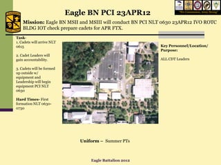 Eagle BN PCI 23APR12                    “We Commission, Army Strong”


    Mission: Eagle BN MSII and MSIII will conduct BN PCI NLT 0630 23APR12 IVO ROTC
    BLDG IOT check prepare cadets for APR FTX.
Task-
1. Cadets will arrive NLT
0615                                                       Key Personnel/Location/
                                                           Purpose:
2. Cadet Leaders will
gain accountability.                                       ALL CDT Leaders

3. Cadets will be formed
up outside w/
equipment and
Leadership will begin
equipment PCI NLT
0630

Hard Times- First
formation NLT 0630-
0730




                               Uniform – Summer PTs



                                   Eagle Battalion 2012
 