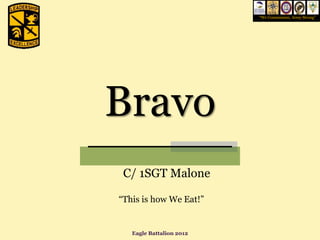 “We Commission, Army Strong”




Bravo
 C/ 1SGT Malone

“This is how We Eat!”


   Eagle Battalion 2012
 
