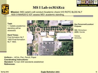 Mission:  MSI cadet’s  will conduct Academic check IVO ROTC BLDG NLT 1600 01MAR2012 IOT assess MS1 academic standing. Uniform –  ACUs, Pen, Pencil, Paper  Coordinating instructions- Standard-  To train IAW standards established References: Task -  1. Cadets academics standing will be assessed. Hard Times- First formation NLT 1600 Final formation NLT 1800. MS I Lab 01MAR12 Key Personnel/Location/ Purpose: OIC-  Richardson AOIC-  Karrels Yancey Simmons Old Register Rd. 