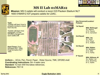 Mission:  MS II cadets will conduct a recon IVO Paulson Stadium NLT 1600 01MAR12 IOT prepare cadets for LDAC. Uniform –  ACUs, Pen, Pencil, Paper , Water Source, TMK, OPORD shell Coordinating instructions-  S4- 4 water cans Standard-  To train IAW the below references,  References:  FM 7-8   Task -  Cadets will learn how to properly conduct a recon from the AA. Cadets will learn how paragraph 3 of the OPORD changes with each battle drill.  Hard Times-  First formation NLT 1600, Final formation NLT 1800 MS II Lab 01MAR12 Key Personnel/Location/ Purpose: 1st Squad: MS4: McDougal SL: Malone A TL: Favors B TL: Carnahan 2nd Squad: MS4: Jay SL: Dixon A TL: Floyd B TL: Walker 3rd Squad: MS4: Walker SL :  Middleton A TL: Mills B TL: Farley 4 th  Squad: MS4: Williams, M SL: Walker, Ian A TL: Browning B TL: Styles   