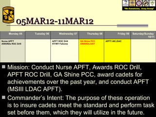 05MAR12-11MAR12 Mission: Conduct Nurse APFT, Awards ROC Drill, APFT ROC Drill, GA Shine PCC, award cadets for achievements over the past year, and conduct APFT (MSIII LDAC APFT). Commander’s Intent: The purpose of these operation is to insure cadets meet the standard and perform task set before them, which they will utilize in the future. February 6, 2009 Monday 05  Tuesday 06 Wednesday 07 Thursday 08 Friday 09 Saturday/Sunday  10/11 Nurse APFT AWARDs ROC Drill APFT ROC Drill HT/WT Failures GA Shine PCC AWARDs DAY APFT I-III LDAC 22 23 24 25 26 27/28 PT: Ability Group 0630 Rem. PT (0600) Staff Call PT: Ability Group 0630 Rem. PT (0600) Lab: STX(Ambush) PT: Ability Group 0630 