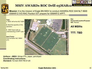 Task - 1 . MSIV will arrive NLT 0600 2 . Brief the specifics of the operation 3.  MSIV leave with an understanding of APFT plan Hard Times- First formation NLT 0600-UTC MSIV AWARDs ROC Drill 05MAR12 Key Personnel/Location/Purpose: OIC:  Navedo All MSIVs TTT: TBD Uniform –   MSIV-  Winter PTs, paper, pencil/pen Coordinating instructions-  Standard-  To train IAW FM 21-20 Mission:  It is the mission of Eagle BN MSIV to conduct AWARDs ROC Drill NLT 0600 05MAR12 IVO RAC Pavilion IOT prepare for 05MAR12 APFT. 
