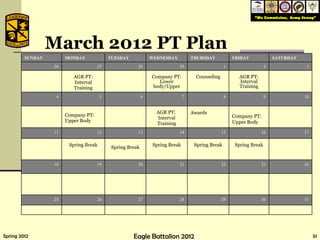 March 2012 PT Plan SUNDAY MONDAY TUESDAY WEDNESDAY THURSDAY FRIDAY SATURDAY 26 27 28 29 1 2 3 AGR PT: Interval Training Company PT: Lower body/Upper Counseling AGR PT: Interval Training 4 5 6 7 8 9 10 Company PT: Upper Body AGR PT:  Interval Training Awards Company PT: Upper Body 11 12 13 14 15 16 17 Spring Break Spring Break Spring Break Spring Break Spring Break 18 19 20 21 22 23 24 25 26 27 28 29 30 31 