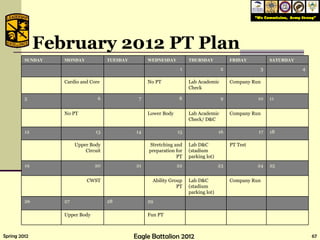 February 2012 PT Plan SUNDAY MONDAY TUESDAY WEDNESDAY THURSDAY FRIDAY SATURDAY 1 2 3 4 Cardio and Core No PT Lab Academic Check Company Run 5 6 7 8 9 10 11 No PT Lower Body Lab Academic Check/ D&C Company Run 12 13 14 15 16 17 18 Upper Body Circuit Stretching and preparation for PT Lab D&C (stadium parking lot) PT Test 19 20 21 22 23 24 25 CWST Ability Group PT Lab D&C (stadium parking lot) Company Run 26 27 28 29 Upper Body Fun PT 