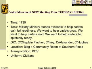 Valor Movement NEW Meeting Time TUESDAY 28FEB12 Time: 1730 Task: Military Ministry stands available to help cadets gain full readiness. We want to help cadets grow. We want to help cadets lead. We want to help cadets be spiritually ready.  OIC: C/Chaplain Fincher, C/Ivey, C/Alexander, C/Hughes Location: Bldg 4 Community Room at Southern Pines Transportation: POV Uniform: Civilians Old Register Rd. 
