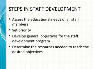 STEPS IN STAFF DEVELOPMENT
• Assess the educational needs of all staff
members
• Set priority
• Develop general objectives for the staff
development program
• Determine the resources needed to reach the
desired objectives

 