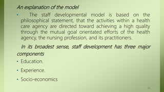 An explanation of the model
• The staff developmental model is based on the
philosophical statement, that the activities within a health
care agency are directed toward achieving a high quality
through the mutual goal orientated efforts of the health
agency, the nursing profession, and its practitioners.
In its broadest sense, staff development has three major
components
• Education.
• Experience.
• Socio-economics
24
 