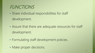 FUNCTIONS
• Share individual responsibilities for staff
development.
• Assure that there are adequate resources for staff
development.
• Formulating staff development policies.
• Make proper decisions.
53
 