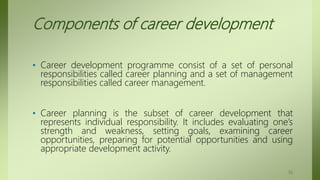 Components of career development
• Career development programme consist of a set of personal
responsibilities called career planning and a set of management
responsibilities called career management.
• Career planning is the subset of career development that
represents individual responsibility. It includes evaluating one’s
strength and weakness, setting goals, examining career
opportunities, preparing for potential opportunities and using
appropriate development activity.
55
 