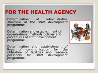 FOR THE HEALTH AGENCY
   Determination   of    administrative
    structure of the staff development
    programme.

   Determination and establishment of
    organizational methods policies and
    procedures of staff development
    programme.

   Determination and establishment of
    lines    of  communication    for  the
    utilization of facilities and resource
    personals    for   staff   development
    programme.
 