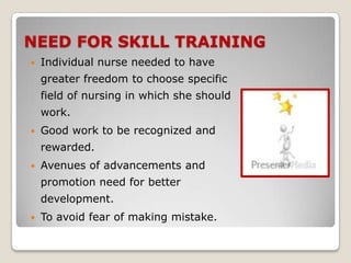 NEED FOR SKILL TRAINING
   Individual nurse needed to have
    greater freedom to choose specific
    field of nursing in which she should
    work.
   Good work to be recognized and
    rewarded.
   Avenues of advancements and
    promotion need for better
    development.
   To avoid fear of making mistake.
 